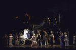 Actors Mark Jacoby & Rebecca Luker (on platform) w. cast in a scene fr. the revival of the Broadway musical "Showboat." (New York)