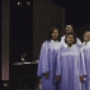 Musical Conductor Aaron Graves (seated at piano) w. actors (L-R ) Gwen Stewart, Carl Hall, Doug Eskew,  Lynette G. DuPre  & Queen Esther Marrow as Mahalia Jackson in a scene fr. the Broadway musical  "Truly Blessed. " (New York)