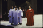 Musical Conductor Aaron Graves (seated at piano) w. actors (L-R ) Gwen Stewart, Carl Hall, Doug Eskew,  Lynette G. DuPre  & Queen Esther Marrow as Mahalia Jackson in a scene fr. the Broadway musical  "Truly Blessed. " (New York)