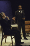 Actors (L-R) Roger DeKoven & George Morfogen in a scene fr. the Chelsea Theater Center's production of the play "Biography: A Game." (New York)