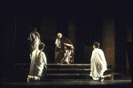 Actor John McMartin (C, seated) w. cast members in a scene fr. the New York Shakespeare Festival production of the play "Julius Caesar." (New York)