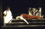 Actors John McMartin (reclining) & Al Pacino in a scene fr. the New York Shakespeare Festival production of the play "Julius Caesar." (New York)