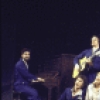 Actors (fr., seated) Lenny Baker, Ilene Graff, Joanna Gleason and James Naughton being accompanied by musicians (back, L-R) Ken Bichel, Michael Mark, Joseph Saulter and John Miller in a scene from the Broadway musical "I Love My Wife." (New York)