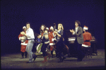 Actors (front, L_R) James Naughton, Joanna Gleason, Ilene Graff and Lenny Baker being accompanied by musicians (back, L-R) Michael Mark, Joseph Saulter, John Miller and Ken Bichel in a scene from the Broadway musical "I Love My Wife." (New York)