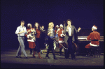 Actors (front, L_R) James Naughton, Joanna Gleason, Ilene Graff and Lenny Baker being accompanied by musicians (back, L-R) Michael Mark, Joseph Saulter, John Miller and Ken Bichel in a scene from the Broadway musical "I Love My Wife." (New York)