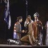Actors (C, L-R) Kevin Kline & Jack Stehlin w. cast members (including Christopher Grove) in a scene fr. the New York Shakespeare Festival production of the play "Henry V" at the Delacorte Theatre in Central Park. (New York)