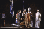 Actors (C, L-R) Kevin Kline & Jack Stehlin w. cast members (including Christopher Grove) in a scene fr. the New York Shakespeare Festival production of the play "Henry V" at the Delacorte Theatre in Central Park. (New York)