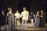 Actors (L-4L) Vivienne Argent, Mary Elizabeth Mastrantonio, George N. Martin  & Kevin Kline w. cast members in a scene fr. the New York Shakespeare Festival production of the play "Henry V" at the Delacorte Theatre in Central Park. (New York)