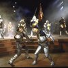 Actor (C, L) Kevin Kline duelling w. cast members in a scene fr. the New York Shakespeare Festival production of the play "Henry V" at the Delacorte Theatre in Central Park. (New York)