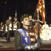 Actor Kevin Kline (fr.) w. cast members in a scene fr. the New York Shakespeare Festival production of the play "Henry V" at the Delacorte Theatre in Central Park. (New York)