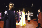 Actresses Mary Alice (front) and Nancy Palk (back) with cast members in a scene from the New York Shakespeare Festival production of the play "Richard III" at the Delacorte Theatre in Central Park (New York)