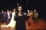 Actresses Mary Alice (front) and Nancy Palk (back) with cast members in a scene from the New York Shakespeare Festival production of the play "Richard III" at the Delacorte Theatre in Central Park (New York)