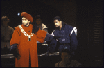 Actors (L-R) Jesse Bernstein and Denzel Washington with cast members in a scene from the New York Shakespeare Festival production of the play "Richard III" at the Delacorte Theatre in Central Park (New York)