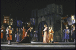 Actresses (C) Jane White and Mariette Hartley with cast members in a scene from the New York Shakespeare Festival production of the play "King John" at the Delacorte Theatre in Central Park (New York)
