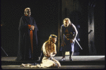 Actors (L-R) Herb Downer, Mariette Hartley and Richard Venture in a scene from the New York Shakespeare Festival production of the play "King John" at the Delacorte Theatre in Central Park (New York)