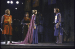 Actors (front, L-R) Kevin Conway, Robin Moseley and Michael Louden with Jane White (C, back) with cast members in a scene from the New York Shakespeare Festival production of the play "King John" at the Delacorte Theatre in Central Park (New York)