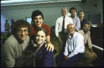 Actors (L-R) Lonny Price, James Weissenbach (withdrew fr. production) & Ann Morrison w. (back, clockwise fr. L) George Furth, Ron Field, Jonathan Tunick, Stephen Sondheim & Harold Prince during first day of rehearsals for the Broadway musical "Merrily We Roll Along." (New York)