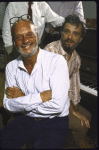 Director Harold Prince (L) & composer/ lyricist Stephen Sondheim (R) during first day of rehearsals for the Broadway musical "Merrily We Roll Along." (New York)