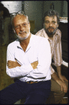 Director Harold Prince (L) & composer/ lyricist Stephen Sondheim (R) during first day of rehearsals for the Broadway musical "Merrily We Roll Along." (New York)