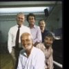 (clockwise fr. L) Book writer George Furth, choreographer Ron Field, orchestrator Jonathan Tunick, composer/lyricist Stephen Sondheim & director Harold Prince during first day of rehearsals for the Broadway musical "Merrily We Roll Along." (New York)