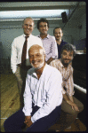(clockwise fr. L) Book writer George Furth, choreographer Ron Field, orchestrator Jonathan Tunick, composer/lyricist Stephen Sondheim & director Harold Prince during first day of rehearsals for the Broadway musical "Merrily We Roll Along." (New York)