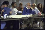 (fr., L-R) Casting director Joanna Merlin, composer/lyricist Stephen Sondheim, director Harold Prince & book writer George Furth during casting session for the Broadway musical "Merrily We Roll Along." (New York)