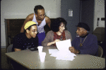(L-R) Actor Gregory Hines, director George C. Wolfe, lyricist Susan Birkenhead & composer Luther Henderson in a rehearsal shot fr. the Broadway musical "Jelly's Last Jam." (New York)