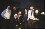 (L-R) Director Milton Katselas, actor Richard Burton, producer Zev Bufman w. actors Elizabeth Taylor, Helena Carroll, John Cullum & Kathryn Walker in a publicity shot  fr. the Broadway production of the play "Private Lives." (Boston)