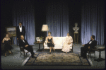 Actors (L-R) Ellen Parker, Edward Hermann (standing), George N. Martin, Kate Nelligan, Ginny Yang and Conrad Yama in a scene from the New York Shakespeare Festival's production of the play "Plenty" (New York)