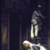 Actors Curtis Dickson (L, lying), Betty D. Lane (2L) & George Robert Merritt (2R) w. cast members in a scene fr. the Houston Grand Opera production on Broadway of the opera "Porgy And Bess." (New York)