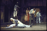 Actors Curtis Dickson (L, lying), Betty D. Lane (2L) & George Robert Merritt (2R) w. cast members in a scene fr. the Houston Grand Opera production on Broadway of the opera "Porgy And Bess." (New York)