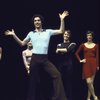 Actor (fr.) Jeff Hyslop w. (back, L-R) Jennifer Ann Lee, Andy Keyser & Sandy Roveta in a scene fr. the Toronto/London productions of the musical "A Chorus Line." (Toronto)