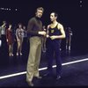 Actors (fr., L-R) Eivind Harum & T. Michael Reed w. cast members  in a scene fr. the Toronto/London productions of the musical "A Chorus Line." (Toronto)