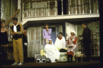 Actors (L-R) Deborah Rush, Brian Murray, Douglas Seale, Linda Thorson, Paxton Whitehead, Jim Piddock, Dorothy Loudon & Victor Garber in a scene fr. the Broadway production of the play "Noises Off." (New York)