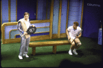 Actors (L-R) John Cullum and Tony Roberts in a scene from the Broadway play "Doubles" (New York)