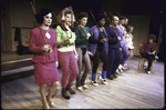 Actors (L-R) Meagen Fay, Sheryl Sciro, Carole Shelley, Carol Woods, Don Amendolia, Cherry Jones, Janet Eilber, Marcell Rosenblatt and Pamela Sousa in a scene from the Broadway play "Stepping Out" (New York)
