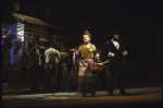 Actors (Front) Angela Lansbury & Jack Eric Williams w. cast in a scene fr. the Broadway musical "Sweeney Todd." (New York)