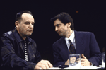 Actors (L-R) Paul Guilfoyle & Griffin Dunne in a scene fr. the Circle in the Square production of the play "Search and Destroy." (New York)