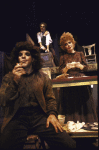 Actors (L-R) Eddie Korbich, Bob Gunton (rear, slashing throat) & Beth Fowler in a scene fr. the Circle in the Square production of the musical "Sweeney Todd." (New York)