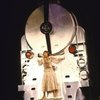 Actress Imogene Coca on front of train set designed by Robin Wagner in a scene fr. the Broadway musical "On the Twentieth Century." (New York)