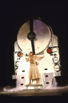 Actress Imogene Coca on front of train set designed by Robin Wagner in a scene fr. the Broadway musical "On the Twentieth Century." (New York)