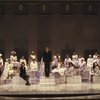 Actor Raul Julia (C) w. cast in a scene fr. the Broadway musical "Nine." (New York)