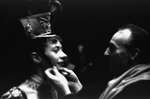 New York City Ballet, George Balanchine adjusts Diana Adams hat for "Stars and Stripes" (New York)