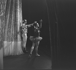 New York City Ballet production of "Native Dancers" with Jacques d'Amboise and Patricia Wilde taking a bow in front of curtain, choreography by George Balanchine (New York)