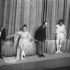 New York City Ballet production of "Bugaku" Edward Villella and Allegra Kent take a bow with George Balanchine and conductor Robert Irving in front of curtain, choreography by George Balanchine (New York)