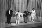 New York City Ballet production of "Bugaku" Edward Villella and Allegra Kent take a bow with George Balanchine and conductor Robert Irving in front of curtain, choreography by George Balanchine (New York)