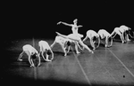 New York City Ballet production of "Concerto Barocco" Suzanne Farrell leaps in front of line of girls, choreography by George Balanchine (New York)