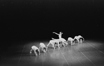 New York City Ballet production of "Concerto Barocco" Suzanne Farrell leaps in front of line of girls, choreography by George Balanchine (New York)