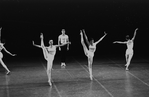 New York City Ballet production of "Movements for Piano and Orchestra" with Jacques d'Amboise, high kicks by Gloria Govrin and Patricia Neary, choreography by George Balanchine (New York)