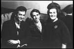 New York City Ballet dancer Anthony Blum (C) is visited backstage by Joan Sutherland and her husband, conductor Richard Bonynge (New York)